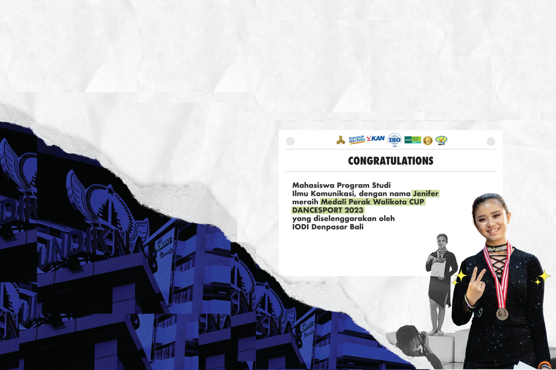 Denpasar, Bali - Jenifer, mahasiswa Program Studi Ilmu Komunikasi, Universitas Pendidikan Nasional ( Undiknas ) berhasil meraih Silver Medal dalam kejuaraan bergengsi Mayor CUP Dancesport 2023 yang diselenggarakan oleh Indonesian DanceSport Association (IODI) di Denpasar, Bali. Mayor CUP Dancesport 2023 yang diselenggarakan sebagai bagian dari rangkaian acara Mayor CUP XIII merupakan kompetisi unggulan tahunan yang diselenggarakan oleh Pemerintah Kota Denpasar dengan tema “Memberdayakan Atlet Muda Berbakat Melalui Walikota CUP XIII 2023”. Acara yang dimulai pada 30 Juni 2023 ini akan berlanjut hingga 30 Juni 2023. Pencapaian ini membawa kehormatan besar bagi lembaga pendidikan nasional kita karena Jenifer, dengan kreativitas dan semangat kompetitifnya yang tak tergoyahkan, telah menunjukkan penampilan yang luar biasa di arena tari. Undiknas sangat bangga dalam mendukung kegiatan mahasiswa kami. Pengurus Provinsi Ikatan Olahraga Dansa Indonesia (IODI) Provinsi Bali mengungkapkan bahwa Mayor Cup 2023 akan menjadi ajang pemilihan atlet untuk tim Pra-PON Bali mendatang. Ni Made Suparmi, mantan Ketua Pengurus Besar IODI Provinsi Bali dan salah seorang tokoh organisasi, membenarkan perkembangan tersebut. "Ya Piala Walikota akan digunakan untuk menyeleksi atlet-atlet tim Pra PON. Nanti ada 21 kategori yang sesuai dengan nomor yang dipertandingkan di Pra PON dan PON 2024 mendatang," kata Suparmi. Harapannya, event Pra-PON 2023 ini menjadi motivasi yang berarti bagi para peserta. Mengingat pada tahun 2019 ini, pada saat Pra-PON sebelumnya, Bali mendapatkan jatah yang cukup besar namun pada akhirnya dikeluarkan dari event dancesport oleh kota tuan rumah PON 2021. Undiknas mengucapkan selamat kepada Jennifer atas pencapaiannya yang luar biasa, harapannya hal ini dapat mendorong mahasiswa lain untuk terus berjuang dalam meraih prestasi di segala bidang.