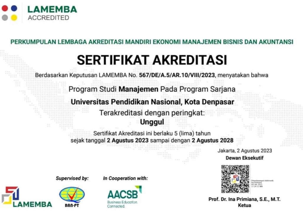Program Studi Manajemen Universitas Pendidikan Nasional Raih Akreditasi Unggul
